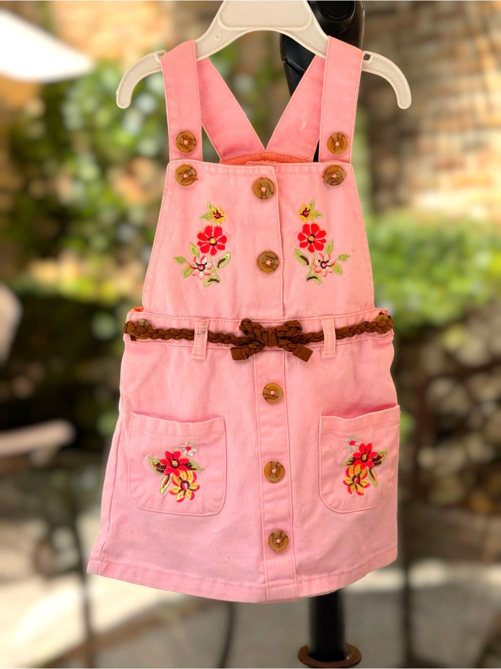 Pink Floral Embroidered Denim Overalls Dress, 2T